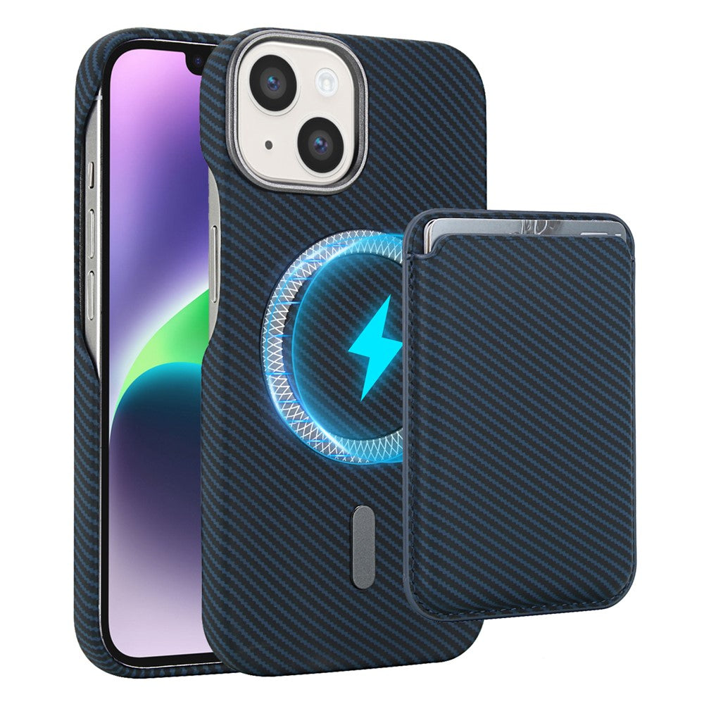 For iPhone 14  /  13 Magnetic Case with Detachable Card Holder Carbon Fiber Texture Leather + PC Phone Cover