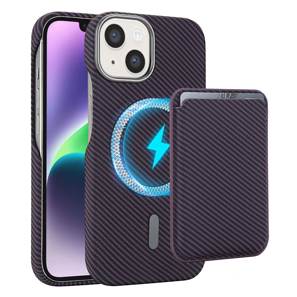 For iPhone 14  /  13 Magnetic Case with Detachable Card Holder Carbon Fiber Texture Leather + PC Phone Cover