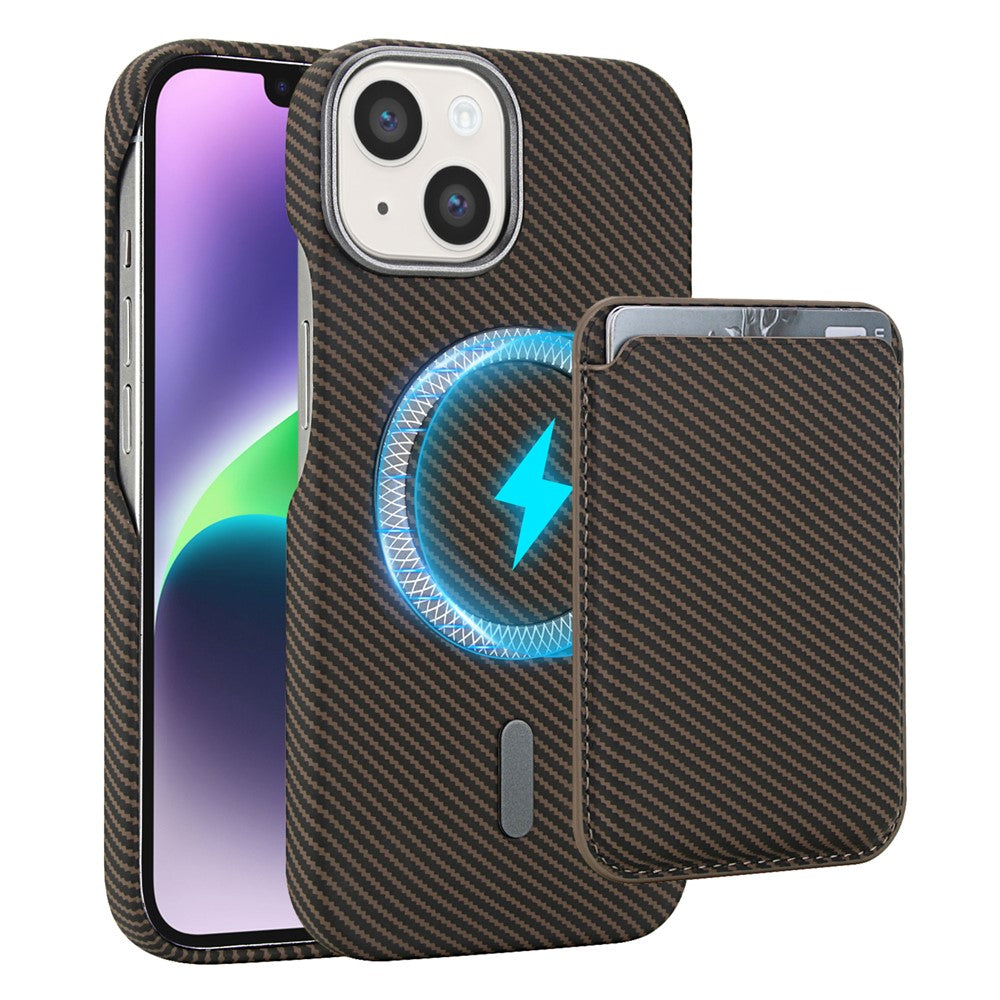 For iPhone 14  /  13 Magnetic Case with Detachable Card Holder Carbon Fiber Texture Leather + PC Phone Cover