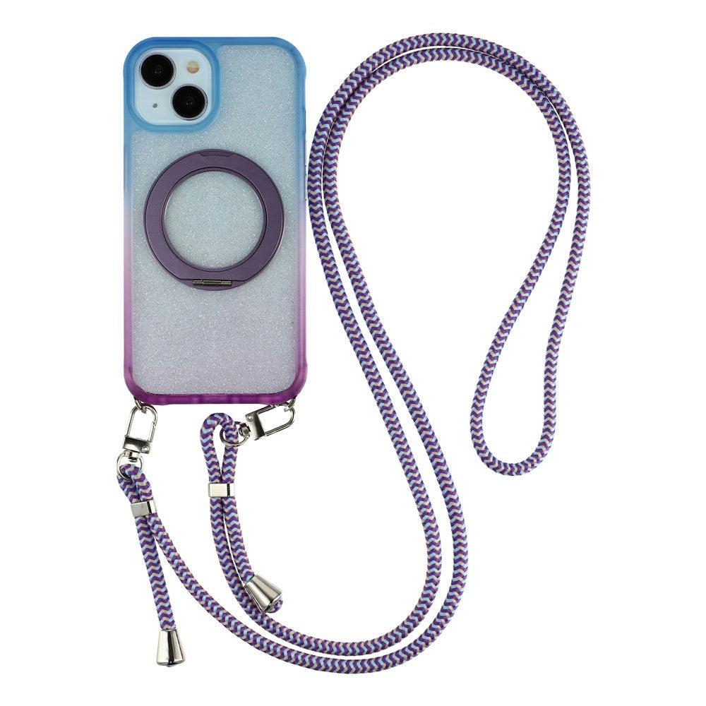 For iPhone 13  /  14  /  15 Case with 150cm Lanyard , Ring Kickstand Gradient Glitter PC + TPU Phone Cover