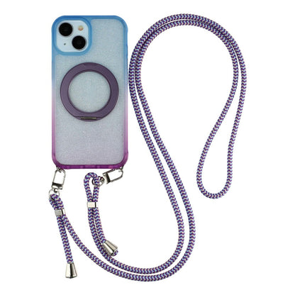 For iPhone 13  /  14  /  15 Case with 150cm Lanyard , Ring Kickstand Gradient Glitter PC + TPU Phone Cover