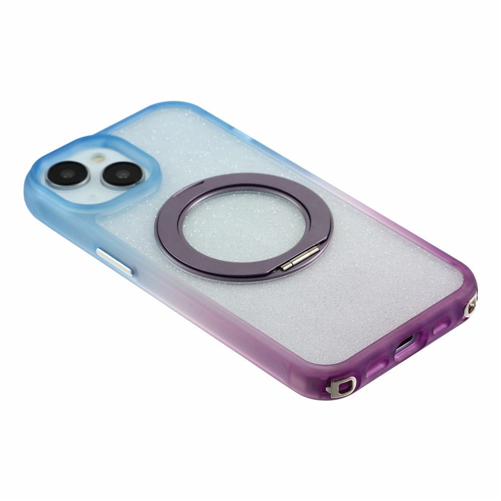 For iPhone 13  /  14  /  15 Case with 150cm Lanyard , Ring Kickstand Gradient Glitter PC + TPU Phone Cover