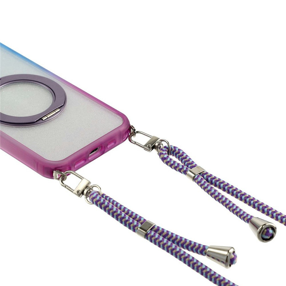 For iPhone 13  /  14  /  15 Case with 150cm Lanyard , Ring Kickstand Gradient Glitter PC + TPU Phone Cover