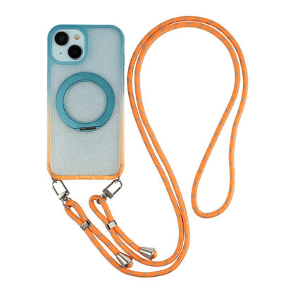 For iPhone 13  /  14  /  15 Case with 150cm Lanyard , Ring Kickstand Gradient Glitter PC + TPU Phone Cover