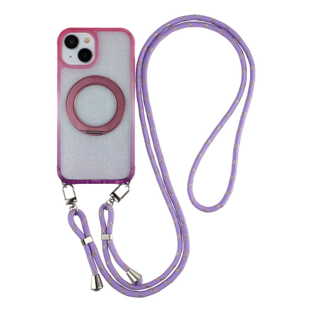 For iPhone 13  /  14  /  15 Case with 150cm Lanyard , Ring Kickstand Gradient Glitter PC + TPU Phone Cover