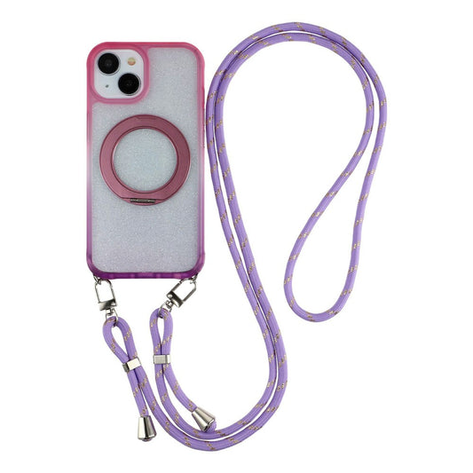 For iPhone 13  /  14  /  15 Case with 150cm Lanyard , Ring Kickstand Gradient Glitter PC + TPU Phone Cover