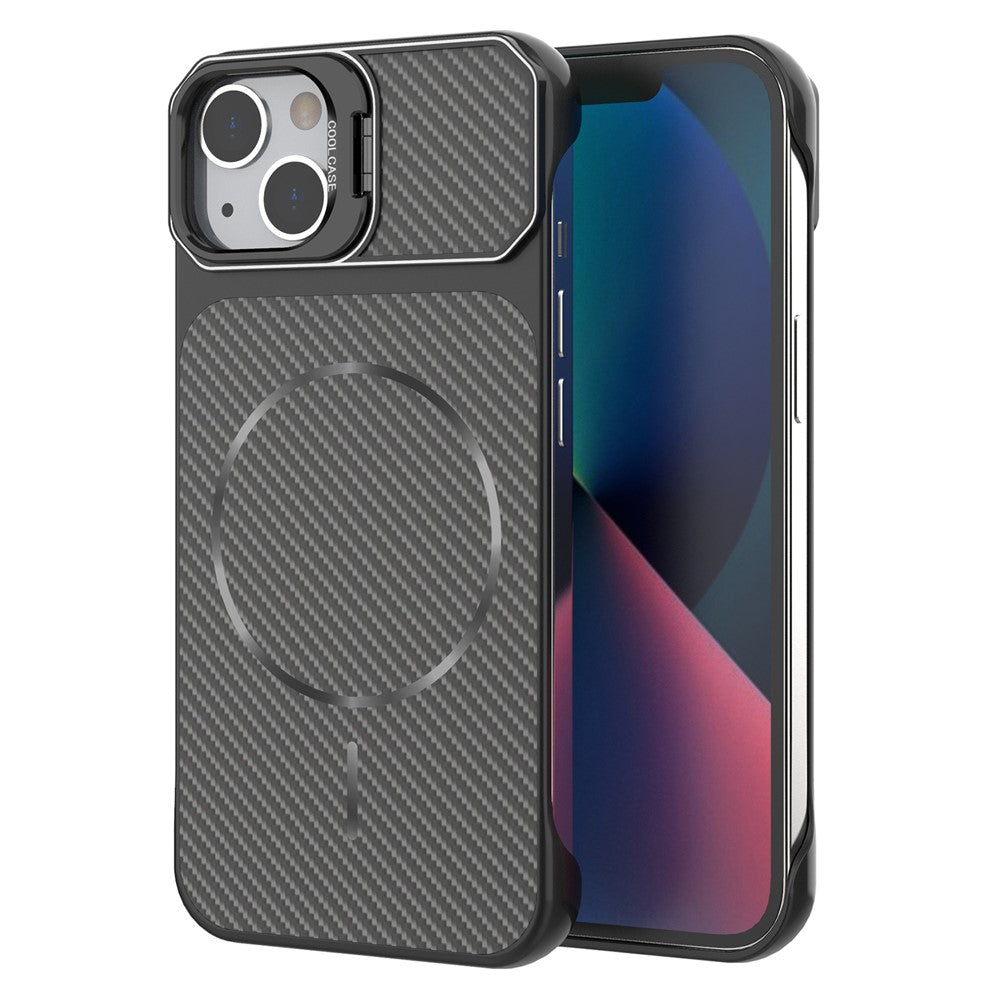 For iPhone 13  /  14 Magnetic Case with Lens Frame Kickstand Carbon Fiber Texture Hard PC Half-Wrapped Phone Cover