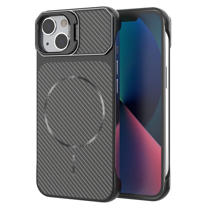 For iPhone 13  /  14 Magnetic Case with Lens Frame Kickstand Carbon Fiber Texture Hard PC Half-Wrapped Phone Cover