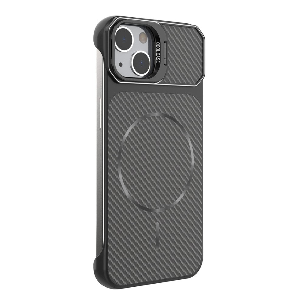 For iPhone 13  /  14 Magnetic Case with Lens Frame Kickstand Carbon Fiber Texture Hard PC Half-Wrapped Phone Cover
