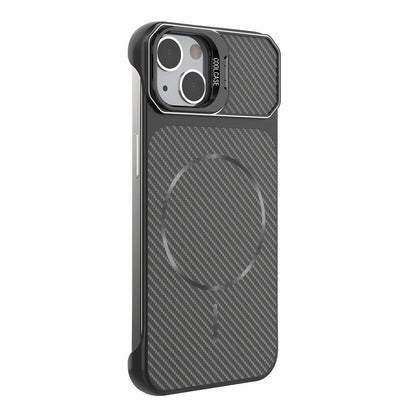 For iPhone 13  /  14 Magnetic Case with Lens Frame Kickstand Carbon Fiber Texture Hard PC Half-Wrapped Phone Cover