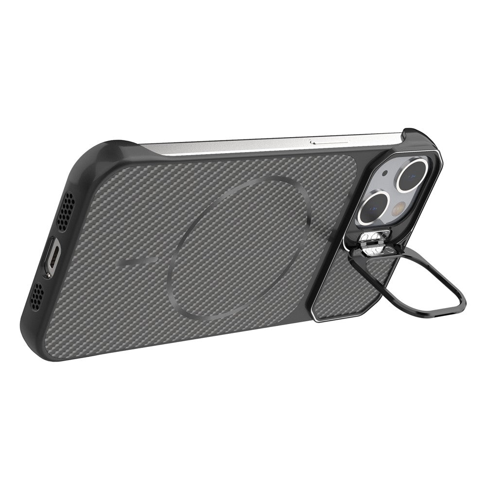 For iPhone 13  /  14 Magnetic Case with Lens Frame Kickstand Carbon Fiber Texture Hard PC Half-Wrapped Phone Cover