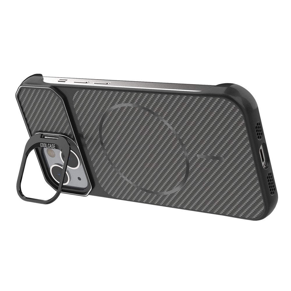 For iPhone 13  /  14 Magnetic Case with Lens Frame Kickstand Carbon Fiber Texture Hard PC Half-Wrapped Phone Cover