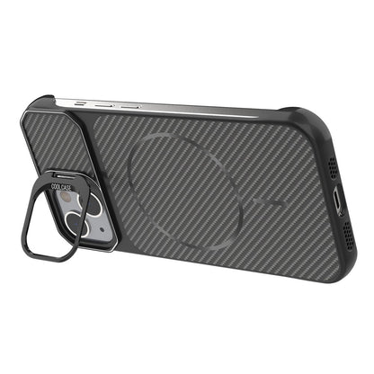 For iPhone 13  /  14 Magnetic Case with Lens Frame Kickstand Carbon Fiber Texture Hard PC Half-Wrapped Phone Cover