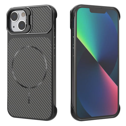 For iPhone 13  /  14 Magnetic Case with Lens Frame Kickstand Carbon Fiber Texture Hard PC Half-Wrapped Phone Cover