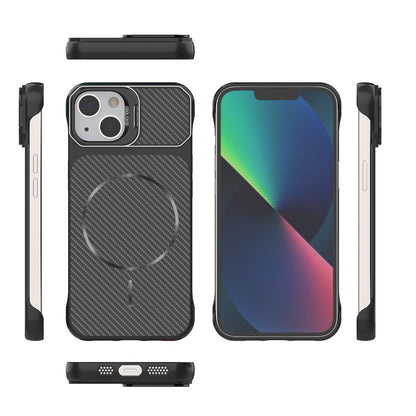 For iPhone 13  /  14 Magnetic Case with Lens Frame Kickstand Carbon Fiber Texture Hard PC Half-Wrapped Phone Cover