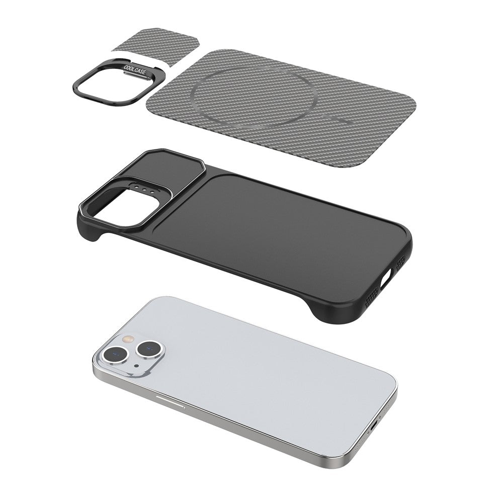 For iPhone 13  /  14 Magnetic Case with Lens Frame Kickstand Carbon Fiber Texture Hard PC Half-Wrapped Phone Cover