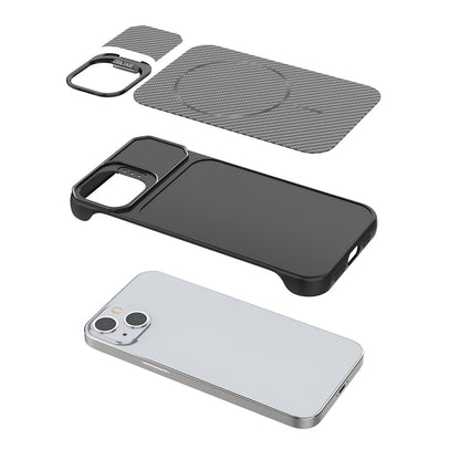 For iPhone 13  /  14 Magnetic Case with Lens Frame Kickstand Carbon Fiber Texture Hard PC Half-Wrapped Phone Cover