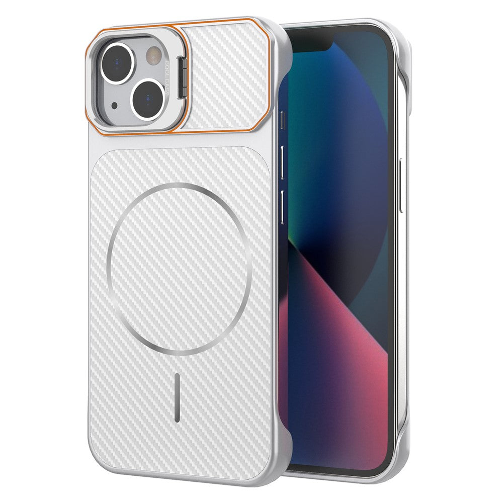 For iPhone 13  /  14 Magnetic Case with Lens Frame Kickstand Carbon Fiber Texture Hard PC Half-Wrapped Phone Cover
