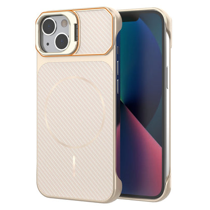 For iPhone 13  /  14 Magnetic Case with Lens Frame Kickstand Carbon Fiber Texture Hard PC Half-Wrapped Phone Cover