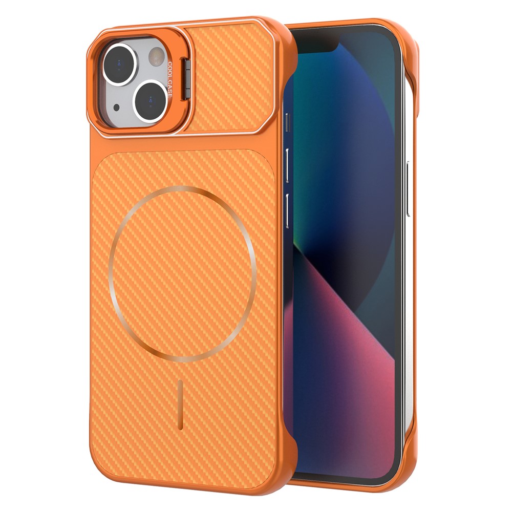 For iPhone 13  /  14 Magnetic Case with Lens Frame Kickstand Carbon Fiber Texture Hard PC Half-Wrapped Phone Cover