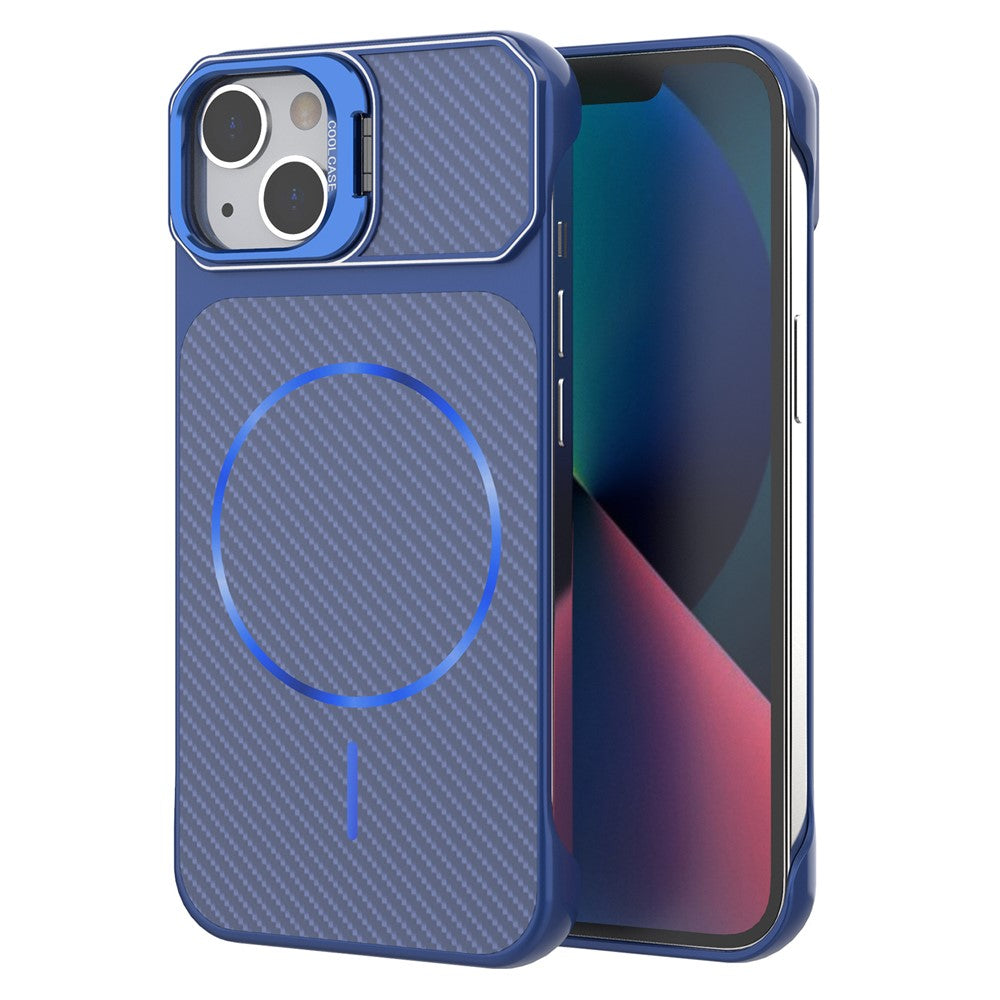 For iPhone 13  /  14 Magnetic Case with Lens Frame Kickstand Carbon Fiber Texture Hard PC Half-Wrapped Phone Cover