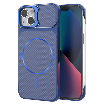 For iPhone 13  /  14 Magnetic Case with Lens Frame Kickstand Carbon Fiber Texture Hard PC Half-Wrapped Phone Cover