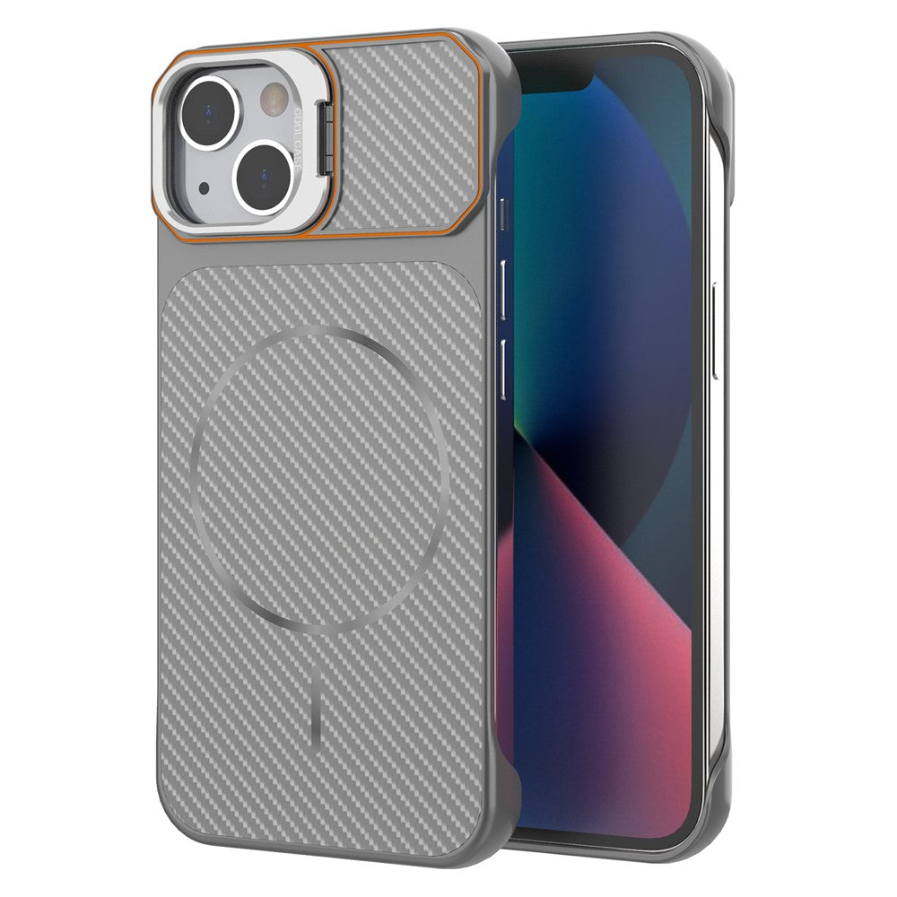 For iPhone 13  /  14 Magnetic Case with Lens Frame Kickstand Carbon Fiber Texture Hard PC Half-Wrapped Phone Cover