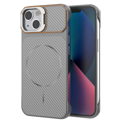 For iPhone 13  /  14 Magnetic Case with Lens Frame Kickstand Carbon Fiber Texture Hard PC Half-Wrapped Phone Cover