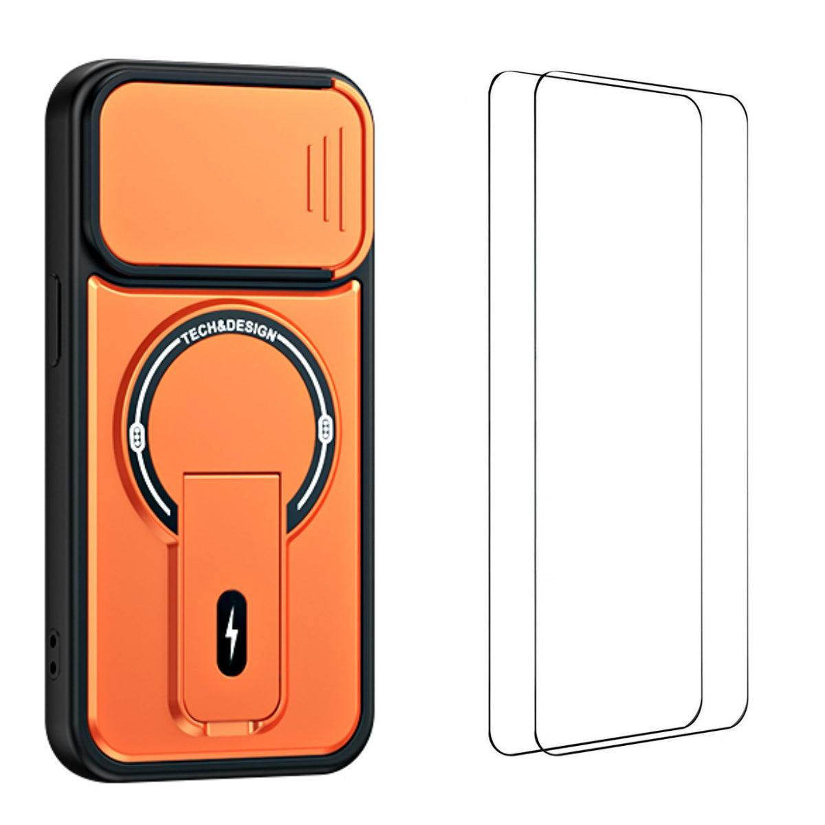 WANLONFENG for iPhone 14 BT Series Case Sliding Lens Cover Kickstand PC + TPU Phone Cover with 2Pcs Tempered Glass Film