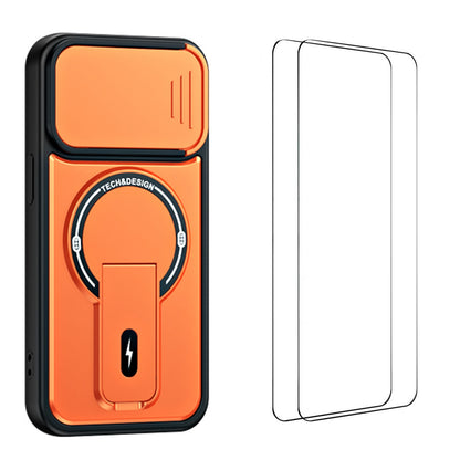 WANLONFENG for iPhone 14 BT Series Case Sliding Lens Cover Kickstand PC + TPU Phone Cover with 2Pcs Tempered Glass Film