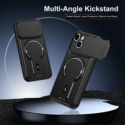 WANLONFENG for iPhone 14 BT Series Case Sliding Lens Cover Kickstand PC + TPU Phone Cover with 2Pcs Tempered Glass Film