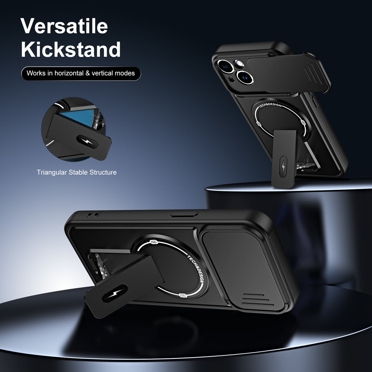 WANLONFENG for iPhone 14 BT Series Case Sliding Lens Cover Kickstand PC + TPU Phone Cover with 2Pcs Tempered Glass Film