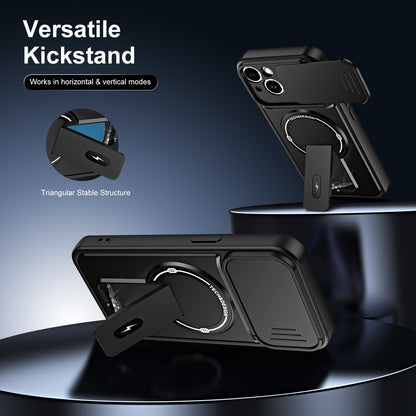 WANLONFENG for iPhone 14 BT Series Case Sliding Lens Cover Kickstand PC + TPU Phone Cover with 2Pcs Tempered Glass Film