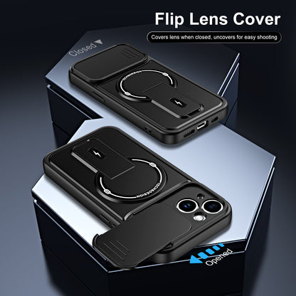 WANLONFENG for iPhone 14 BT Series Case Sliding Lens Cover Kickstand PC + TPU Phone Cover with 2Pcs Tempered Glass Film