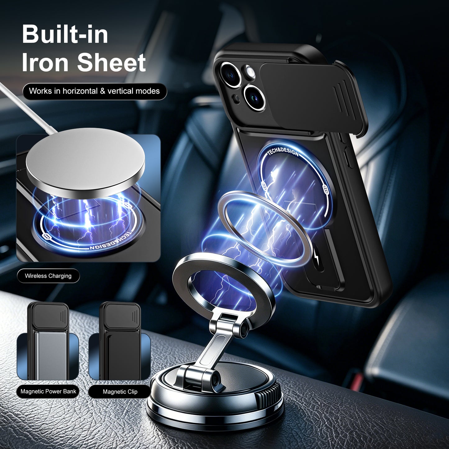 WANLONFENG for iPhone 14 BT Series Case Sliding Lens Cover Kickstand PC + TPU Phone Cover with 2Pcs Tempered Glass Film