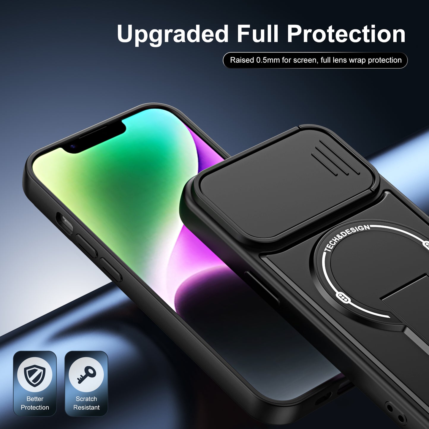 WANLONFENG for iPhone 14 BT Series Case Sliding Lens Cover Kickstand PC + TPU Phone Cover with 2Pcs Tempered Glass Film