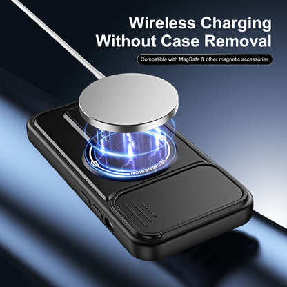 WANLONFENG for iPhone 14 BT Series Case Sliding Lens Cover Kickstand PC + TPU Phone Cover with 2Pcs Tempered Glass Film