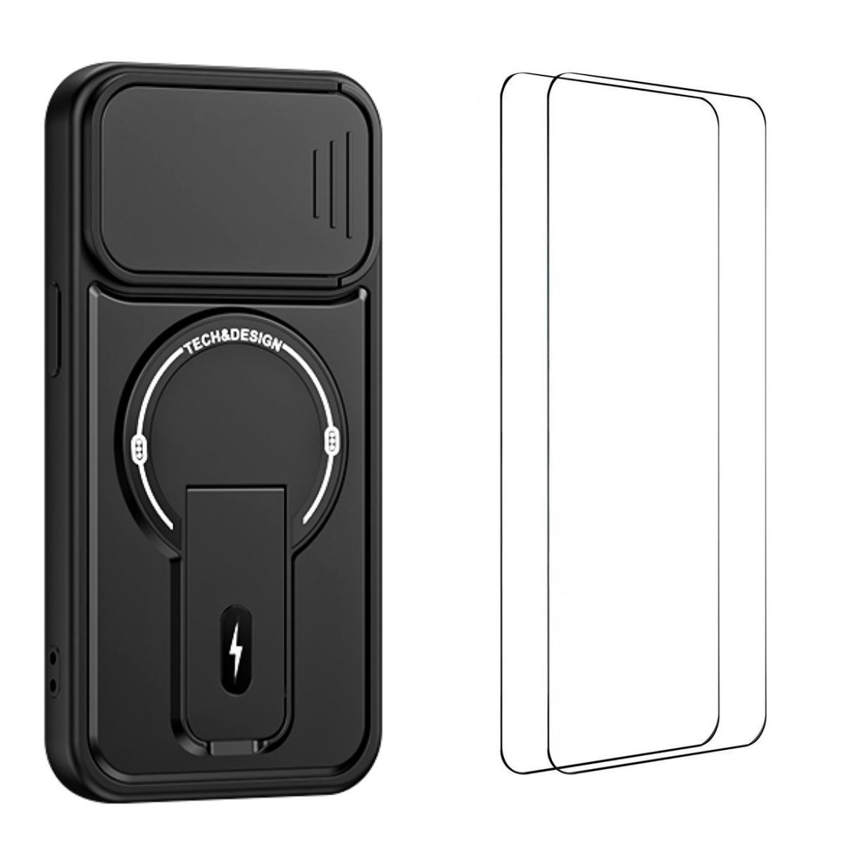 WANLONFENG for iPhone 14 BT Series Case Sliding Lens Cover Kickstand PC + TPU Phone Cover with 2Pcs Tempered Glass Film