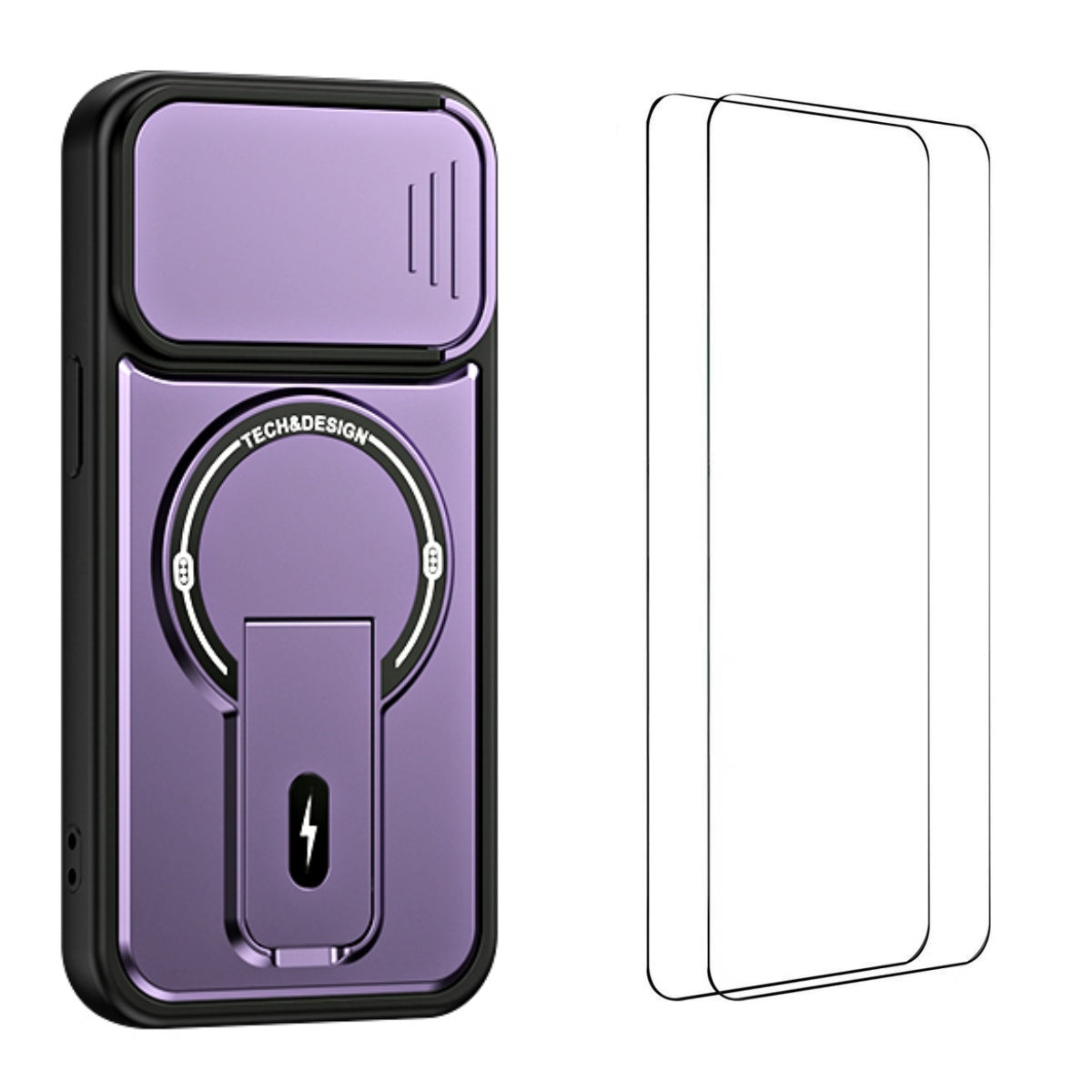 WANLONFENG for iPhone 14 BT Series Case Sliding Lens Cover Kickstand PC + TPU Phone Cover with 2Pcs Tempered Glass Film