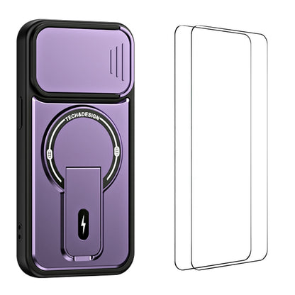 WANLONFENG for iPhone 14 BT Series Case Sliding Lens Cover Kickstand PC + TPU Phone Cover with 2Pcs Tempered Glass Film