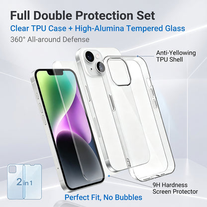 For iPhone 14 Case 2 in 1 TPU Clear Phone Cover with High Aluminium-silicon Glass Screen Protector