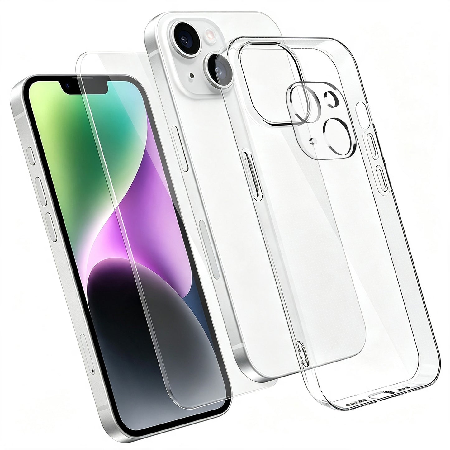 For iPhone 14 Case 3 in 1 TPU Clear Phone Cover with High Aluminium-silicon Glass Screen Protector + Lens Protector