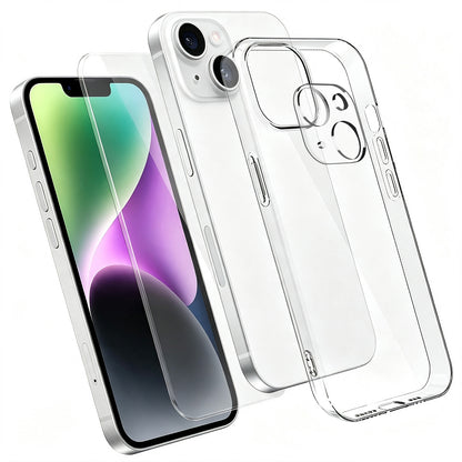 For iPhone 14 Case 3 in 1 TPU Clear Phone Cover with High Aluminium-silicon Glass Screen Protector + Lens Protector