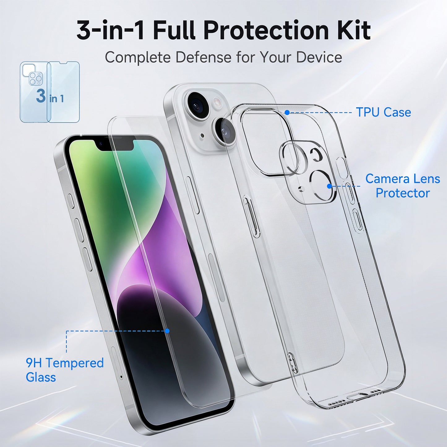 For iPhone 14 Case 3 in 1 TPU Clear Phone Cover with High Aluminium-silicon Glass Screen Protector + Lens Protector
