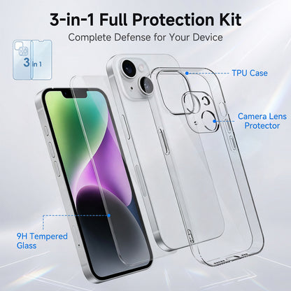 For iPhone 14 Case 3 in 1 TPU Clear Phone Cover with High Aluminium-silicon Glass Screen Protector + Lens Protector