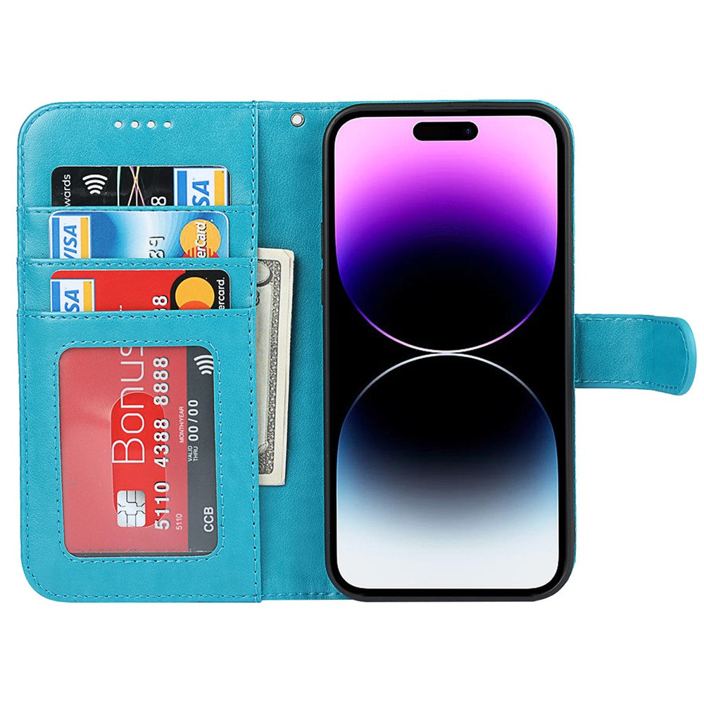 For iPhone 14 Pro Max R61 Texture Felled Seam PU Leather + TPU Hands-free Stand Phone Case Pattern Imprinted Wallet Cover