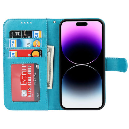 For iPhone 14 Pro Max R61 Texture Felled Seam PU Leather + TPU Hands-free Stand Phone Case Pattern Imprinted Wallet Cover