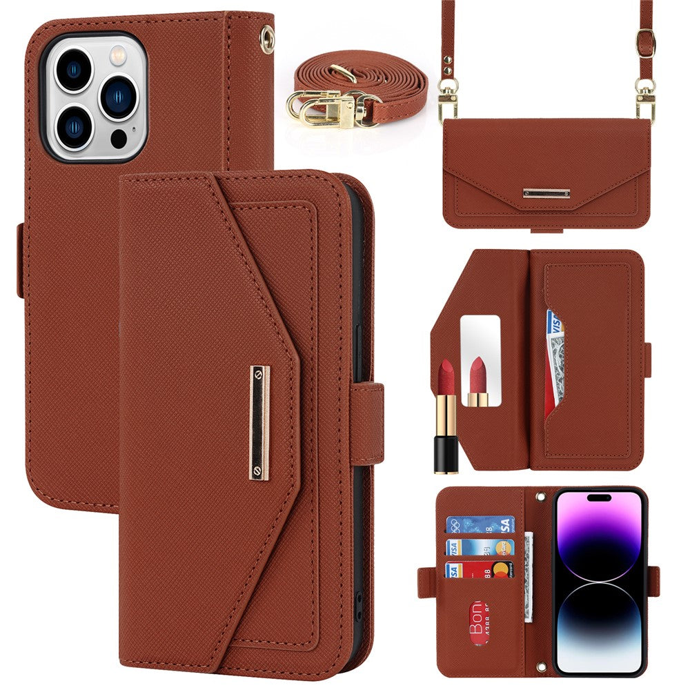 Anti-fall Phone Cover For iPhone 14 Pro Max Cross Texture PU Leather Flip Phone Case Stand Wallet with Inside Makeup Mirror and Shoulder Strap