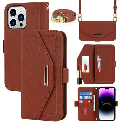 Anti-fall Phone Cover For iPhone 14 Pro Max Cross Texture PU Leather Flip Phone Case Stand Wallet with Inside Makeup Mirror and Shoulder Strap