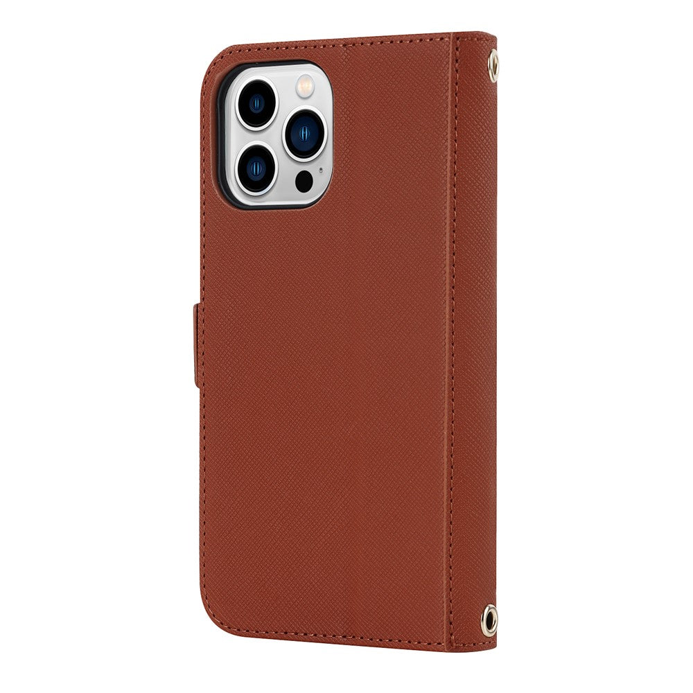 Anti-fall Phone Cover For iPhone 14 Pro Max Cross Texture PU Leather Flip Phone Case Stand Wallet with Inside Makeup Mirror and Shoulder Strap